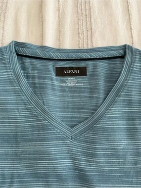 Alfani Men's Teal Blue Striped V-Neck Tee